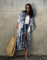 Summervivi - Dark blue lace-up printed long-sleeved beach blouse