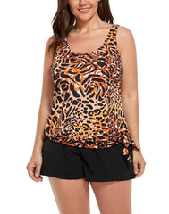 Summervivi - Leopard Print Side Tie Blouson Tankini with Cargo Swim Short
