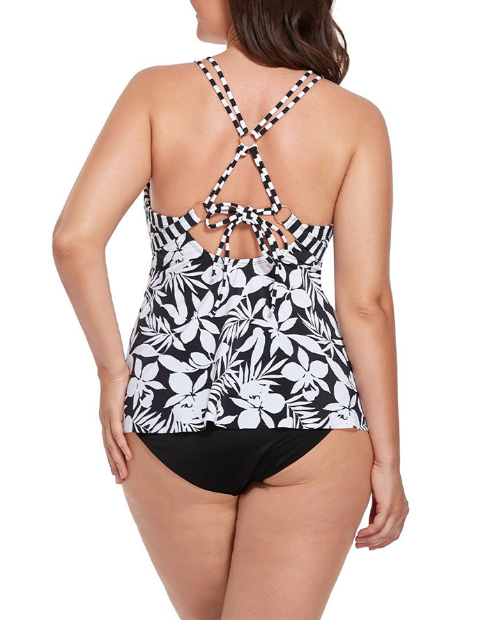 Summervivi - Black Flower V-neck Loop Strap Tankini Set