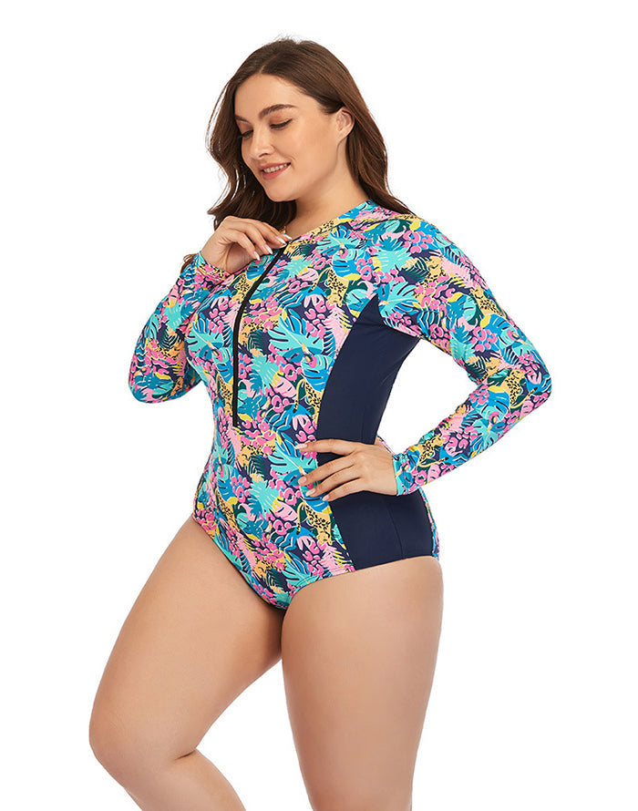 Summervivi-Multicolor High Neckline Zip Long Sleeve One Piece Swimsuit