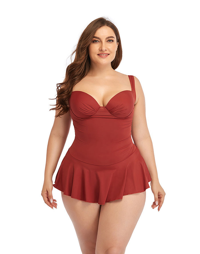 Summervivi-Brick Red Sweetheart Neckline Underwire One-Piece Swimsuit