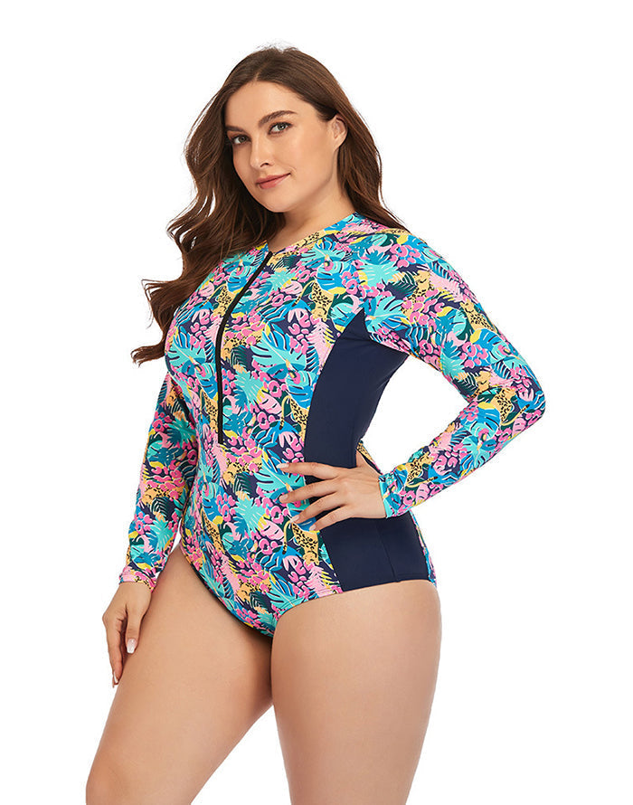 Summervivi-Multicolor High Neckline Zip Long Sleeve One Piece Swimsuit