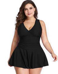 Summervivi-Black V-Neck Skirt One-Piece Swimsuit