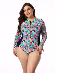 Summervivi-Multicolor High Neckline Zip Long Sleeve One Piece Swimsuit