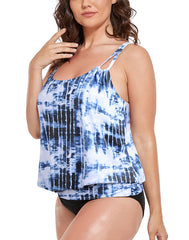 Summervivi - Blue Ink Tie Dye Strap Blouson Tankini Set