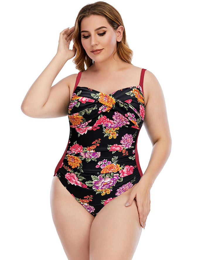 Summervivi-Red High Neckline Floral One-Piece Swimsuit