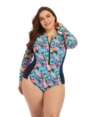 Summervivi-Multicolor High Neckline Zip Long Sleeve One Piece Swimsuit