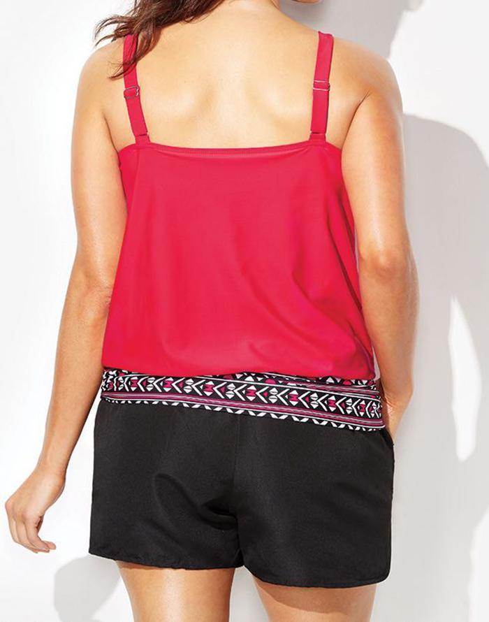 Red Loop Strap Blouson Tankini with Cargo  Short