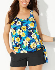 Yellow Flower Side Tie Blouson Tankini Set With Cargo Short