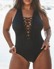 Black Lace Up One Piece Swimsuit