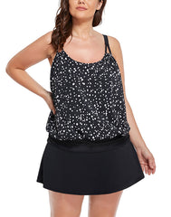 Black White Dot Loop Strap Blouson Tankini Set With Skirt