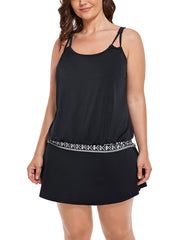 Black Loop Strap Blouson Tankini Set With Chlorine Resistant A-Line Swim Skirt