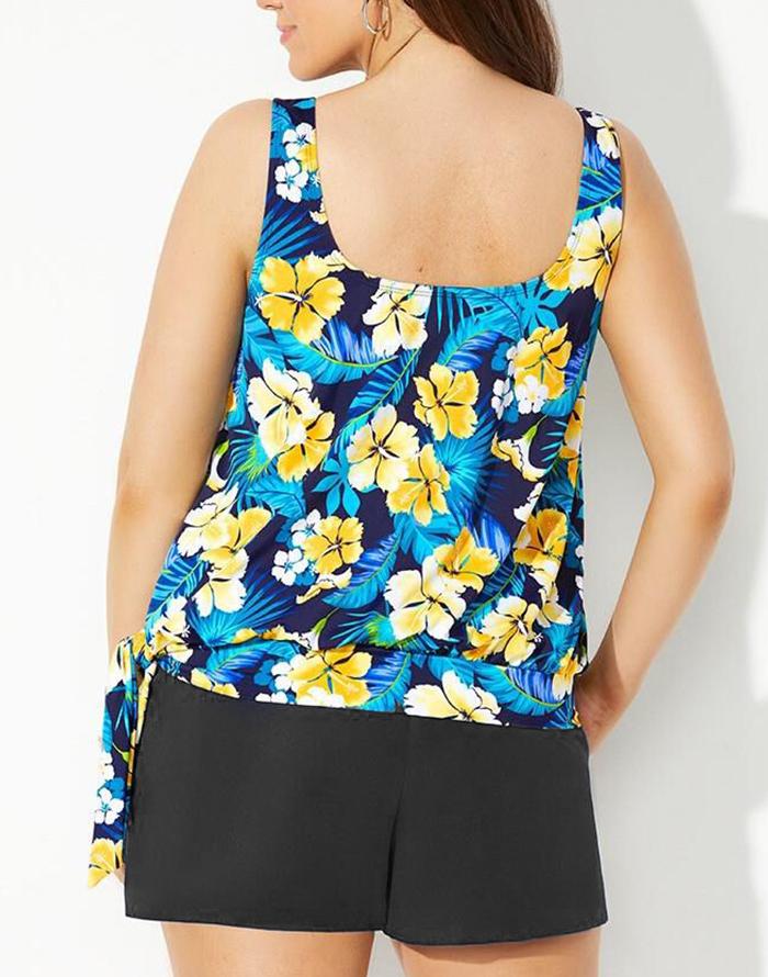 Yellow Flower Side Tie Blouson Tankini Set With Cargo Short