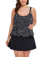 Black White Dot Loop Strap Blouson Tankini Set With Skirt