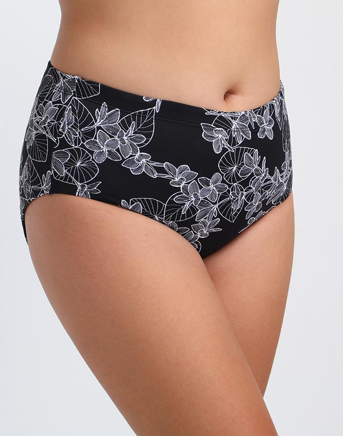 White pattern black bottom low waist swim shorts