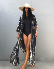 Summervivi - Black Hooded Printed Beach Vacation Swimsuit Cover Up