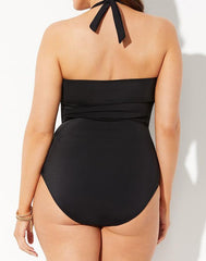 Black Faux Wrap Halter One Piece Swimsuit