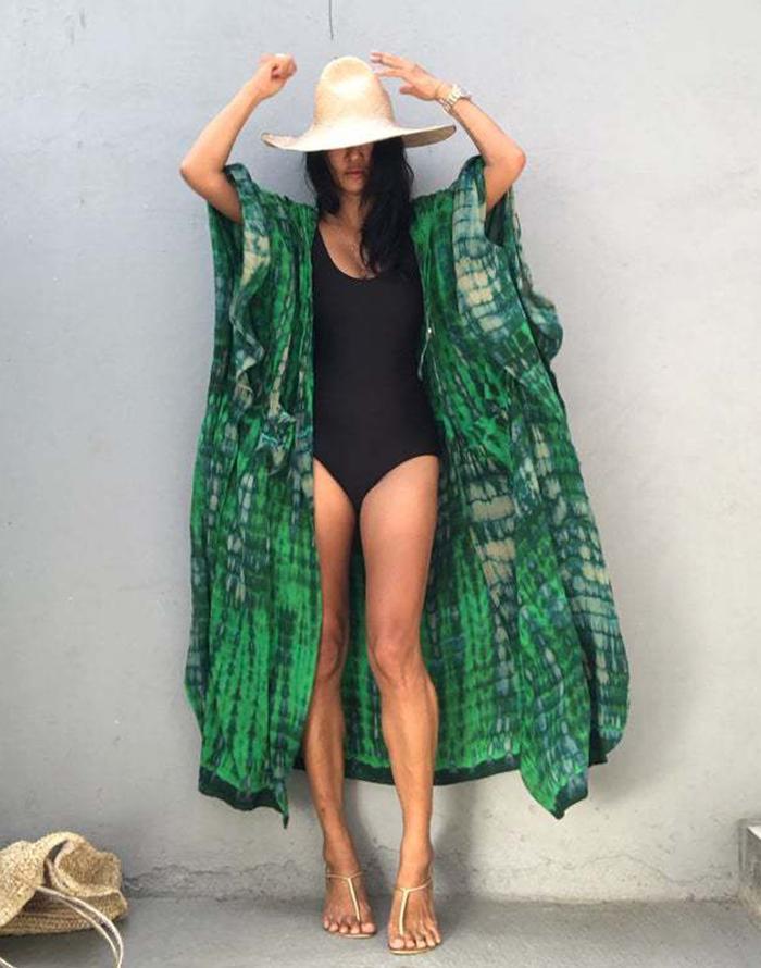 Summervivi - Green Hooded Printed Beach Vacation Swimsuit Cover Up