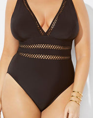 Black Lattice Plunge One Piece Swimsuit