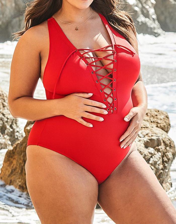 Ashley Graham x Swimsuits For All CEO Red Lace Up One Piece Swimsuit