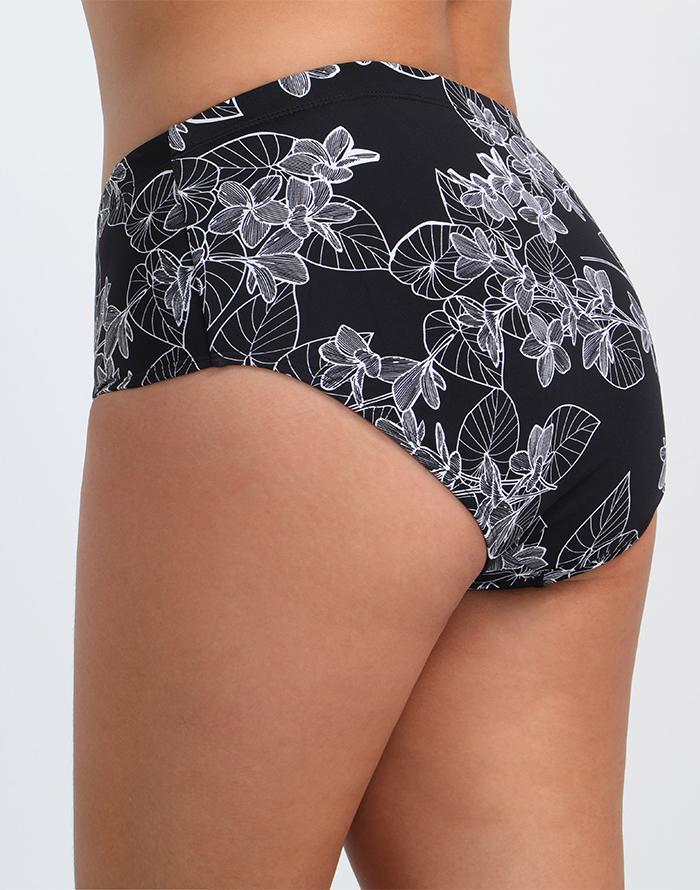 White pattern black bottom low waist swim shorts