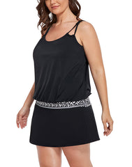 Black Loop Strap Blouson Tankini Set With Chlorine Resistant A-Line Swim Skirt