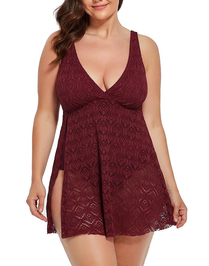 Summervivi Plum Crochet Side Slit V-Neck Swimdress