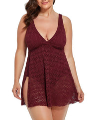 Summervivi Plum Crochet Side Slit V-Neck Swimdress