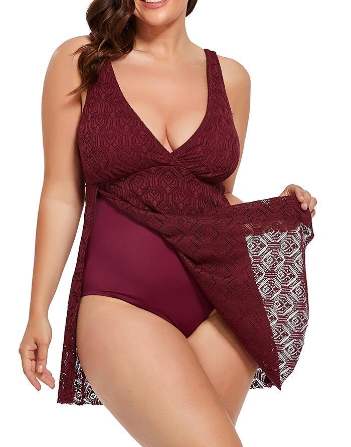 Summervivi Plum Crochet Side Slit V-Neck Swimdress