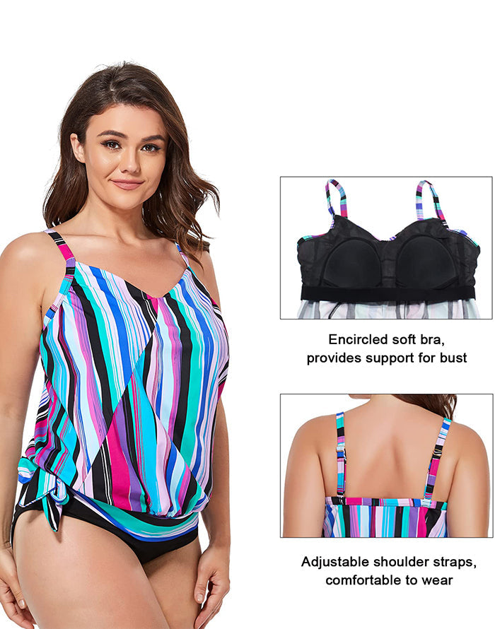 Summervivi - Color Bars Side Tie V-neck Tankini Top