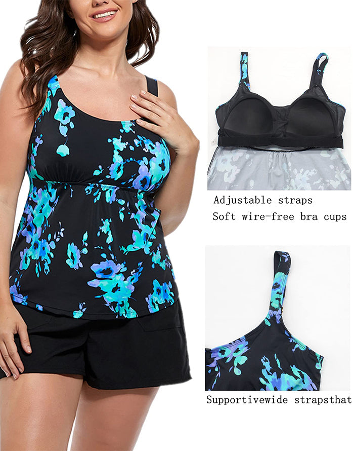 Blue Poppy Flared Tankini with Cargo Short