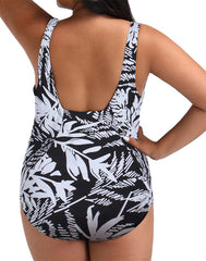 Black And White Floral Striped One-piece Swimsuit