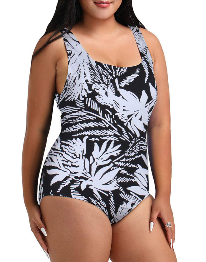 Black And White Floral Striped One-piece Swimsuit