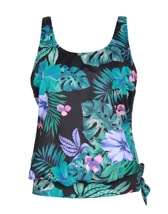 Green Leaves Side Tie Blouson Tankini Top