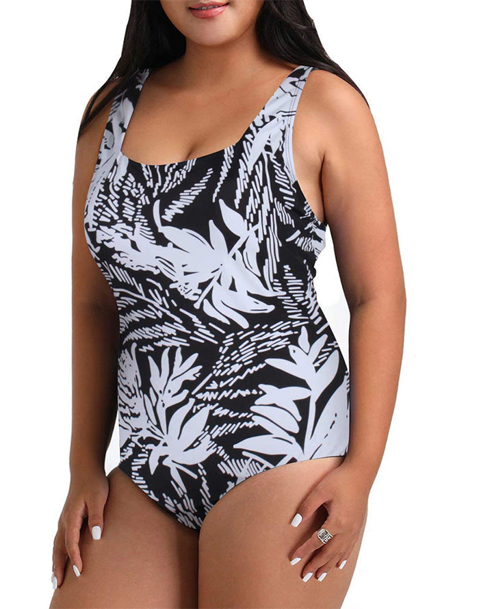 Black And White Floral Striped One-piece Swimsuit