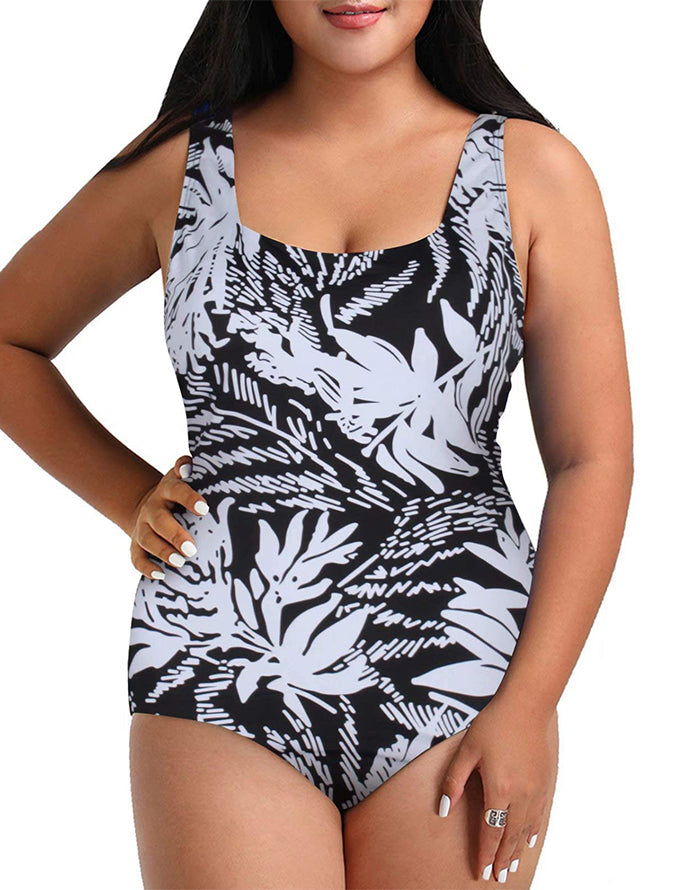 Black And White Floral Striped One-piece Swimsuit