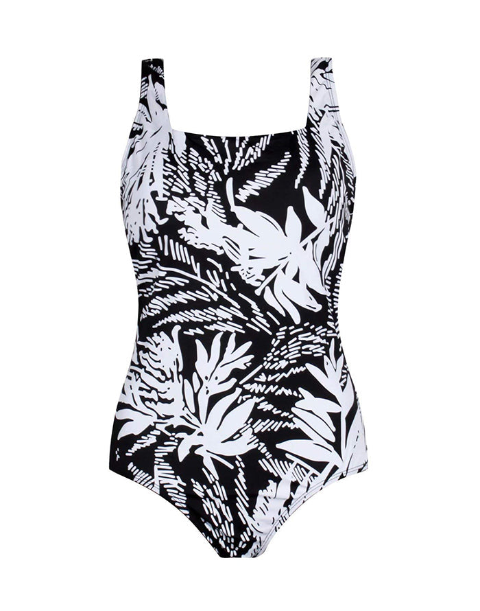 Black And White Floral Striped One-piece Swimsuit