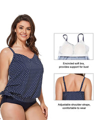 Navy Dotted Side Tie Surplice Tankini Top