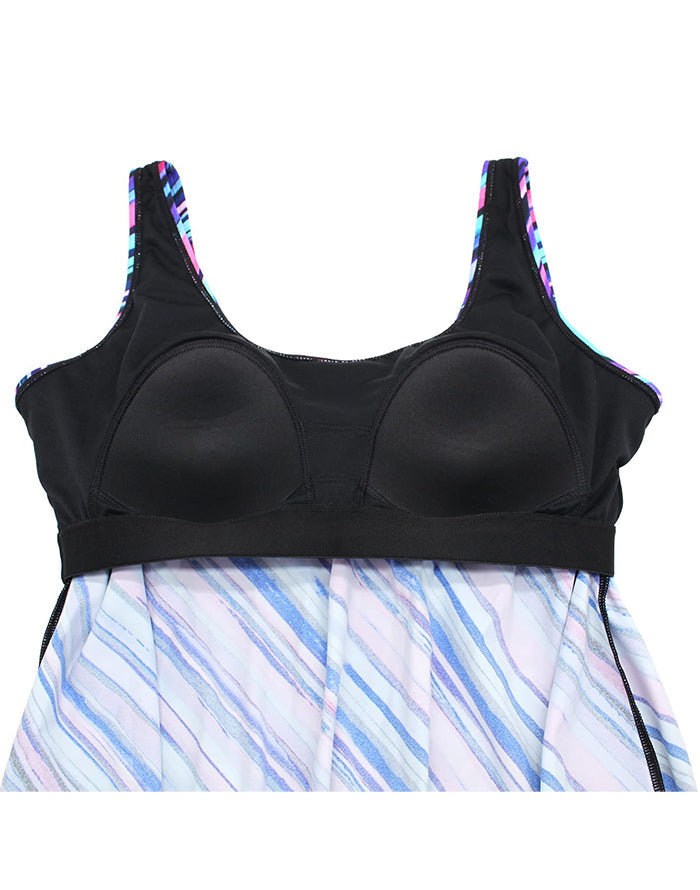 Summervivi - Diagonal Stripes Side Tie Blouson Tankini Set