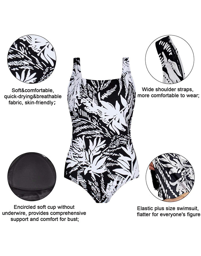 Black And White Floral Striped One-piece Swimsuit