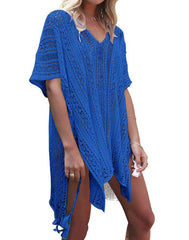 Summervivi- Blue Blouse Loose V-Neck Cover Up