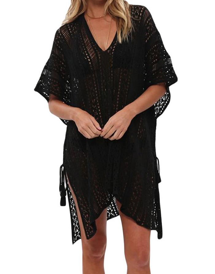 Summervivi- Black Blouse Loose V-Neck Cover Up