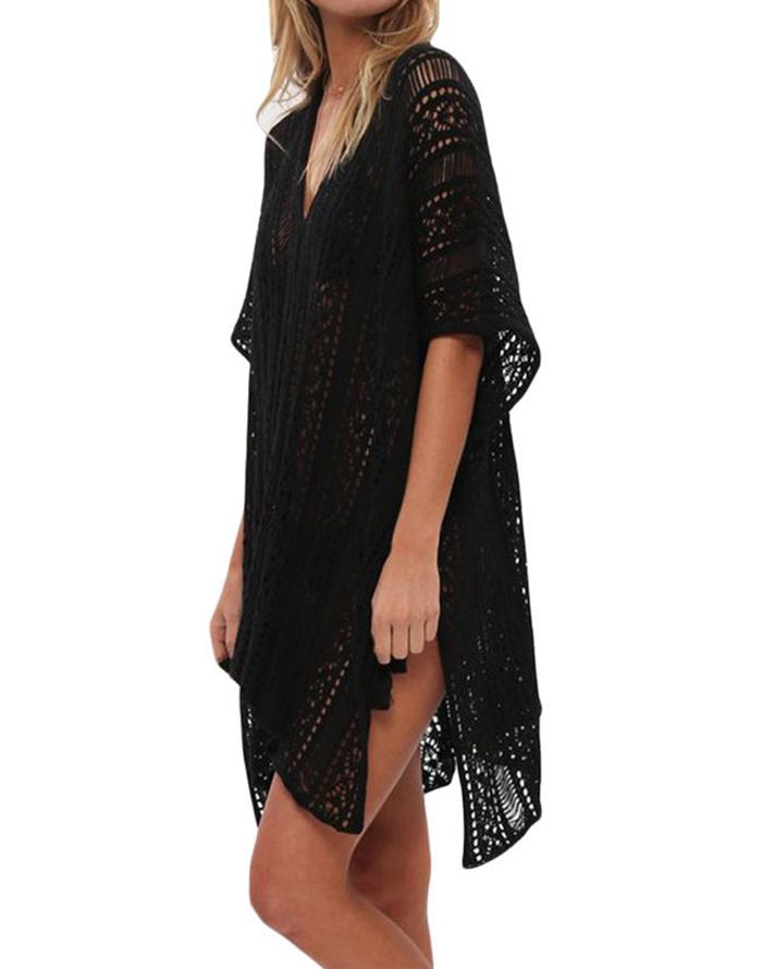 Summervivi- Black Blouse Loose V-Neck Cover Up