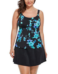 Blue Poppies Flared Tankini Set With Skirt