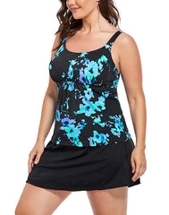 Blue Poppies Flared Tankini Set With Skirt