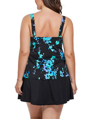 Blue Poppies Flared Tankini Set With Skirt