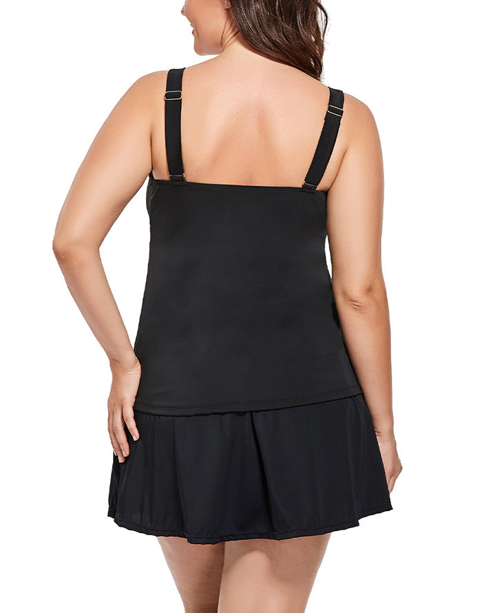 Black Flared Tankini Set With Skirt