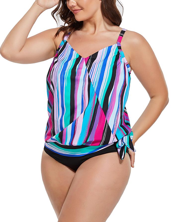 Summervivi - Color Bars Side Tie V-neck Tankini Top