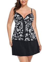 Faux Flyaway Underwire Tankini Set With Side Slit Swim Skirt