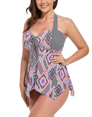 Summervivi - Pink Geometric Print Handkerchief Halter Tankini Set